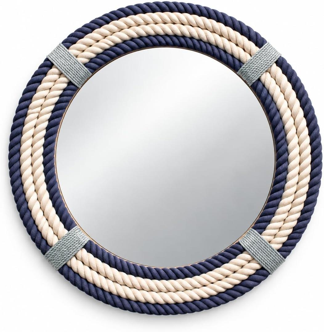 Nautical Round Rope Mirror, White Twisted Rope Wall Hanging Mirror, Rustic Coastal Boho Farmhouse Wall Décor for Bathroom, Bedroom, Nursery, Entryway & Living Room, 24"L x 24"W