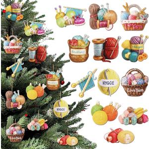 Syhood 36 Pcs Crochet Christmas Ornaments Funny Yarn Themed Wooden Christmas Tree Ornaments Hanging Farmhouse Kitchen Xmas Tree Holiday Decor for Crochet Lovers Knitting Yarn Crocheters Gifts