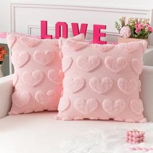 Kevin Textile Heart Love Cute Decorative Throw Pillow Covers 18x18 Inch Set of 2 Soft Faux Fur Pillow Covers for Valentine's Day Gifts Fluffy Plush Pillow Cases for Couch Cushion Livingroom Pink