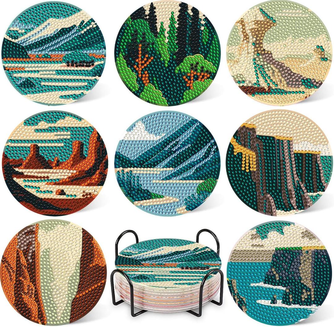 DOTZSO 8 Pcs Diamond Art Coasters Kit with Holder Diamond Art Kits for Adults Beginners Small Diamond Painting Coasters Arts and Crafts for Adults Supplies Item Sets (Landscape)