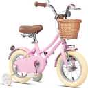 Glerc Little Molly 12 Inch Kids Retro Cruiser Bike for 2-13 Year Old with Wicker Basket & Training Wheels/Kickstand, Multiple Colors