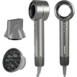 High Speed Hair Dryer - 110,000 RPM Brushless Motor 1500W, 3 Speeds & 4 Heat Settings with Concentrator Nozzle, Thermostatic Hair Protection, Lightweight Quiet, Unisex Grey