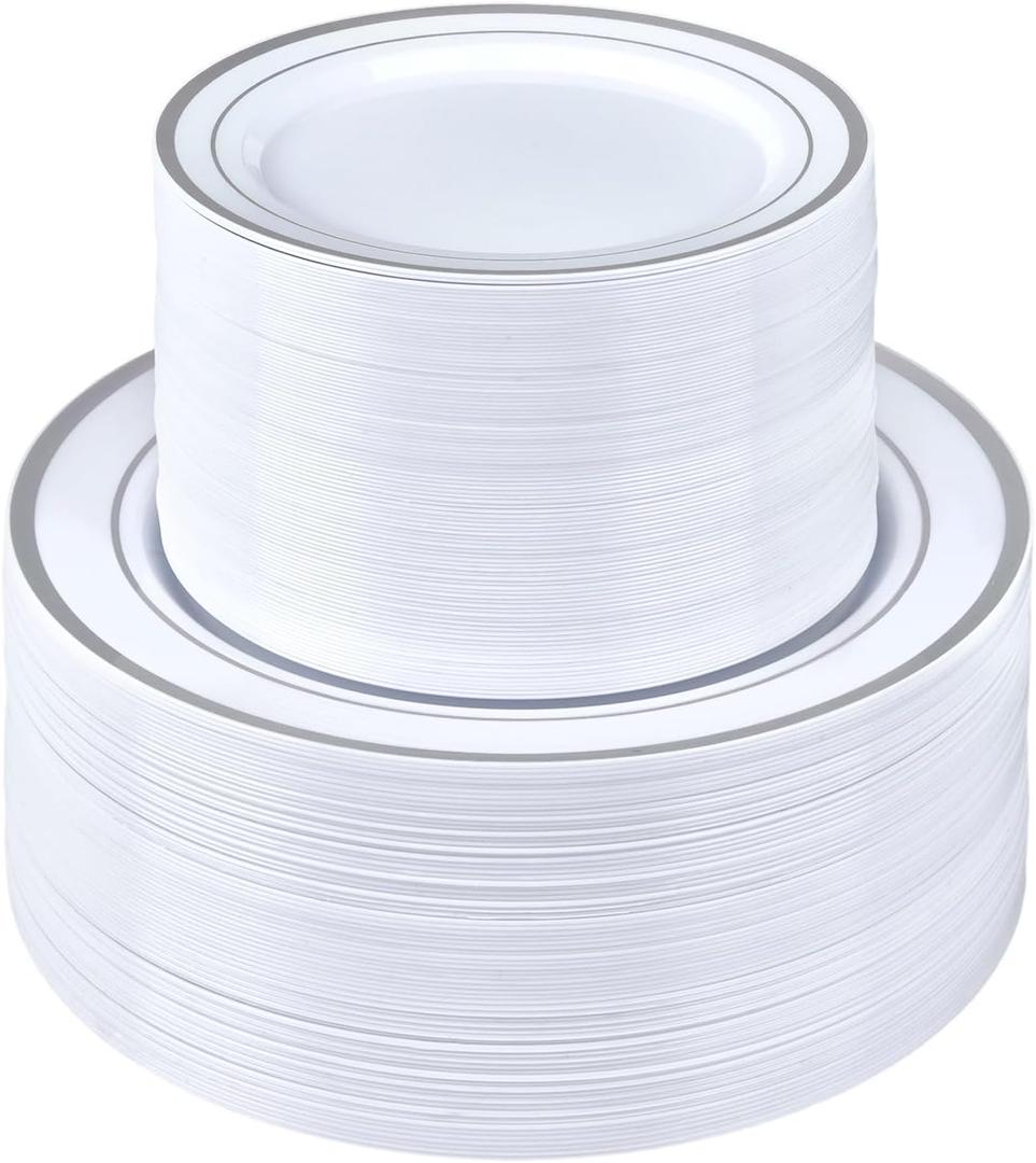 BESTSTAR 200PCS Silver Plastic Plates Set, 100 10.25 inch Dinner Plates and 100 7.5 inch Dessert Plates, Premium Disposable Plates for Party, Wedding