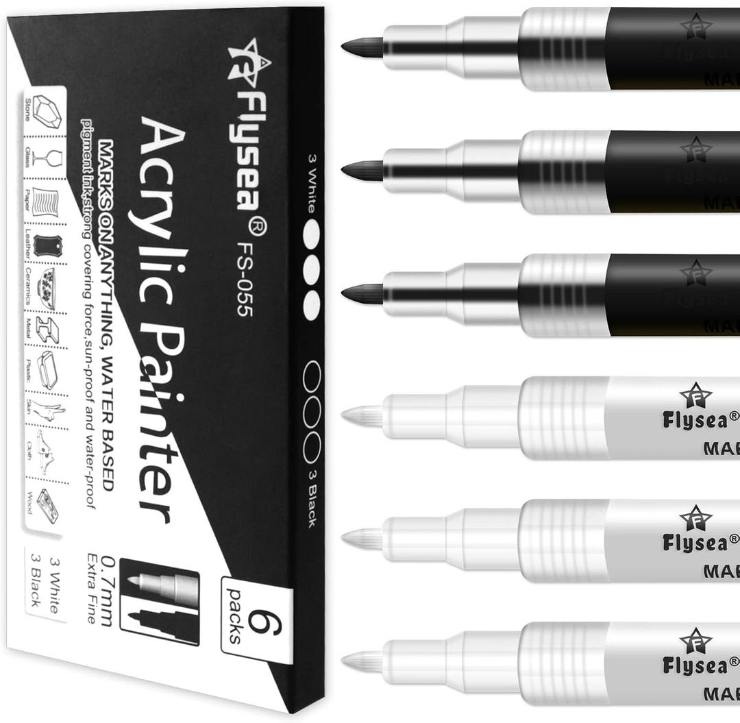 2 x EBOT Acrylic Paint Pen White Black, 6 Pack Black Paint Markers for Rock Wood Fabric Plastic Leather Glass Stone Metal Canvas,Water-Based Acrylic Paint Sets