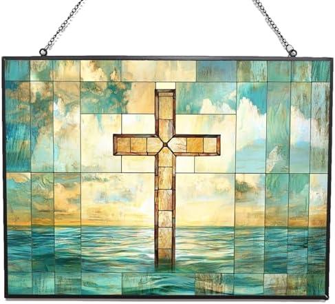 365CUSGIFTS Rectangle Stained Glass Window Hanging, Vintage Cross Suncatcher Diamond Glass Panel Landscape Sun Catchers Decor for Birthday for Women, Men, Wife, Aunt, and Mom 15"x11"