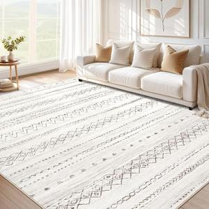 Large Living Room Area Rug 10x12: Soft Machine Washable Boho Moroccan Farmhouse Rugs for Bedroom Under Dining Table - Non-Slip Neutral Morden Indoor Floor Rug Carpet for Home Office Decor - Brown