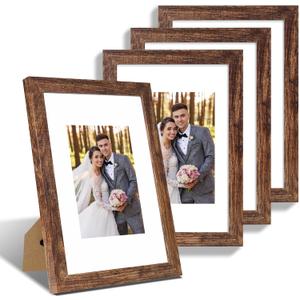 Hongkee 8x12 Picture Frame Set of 4, Made of Glass and Rustic Brown Wooden Frame - Display 6x8 Picture with Mat or 8 x 12 Poster Without Mat, 8 by 12 Photo for Wall or Tabletop