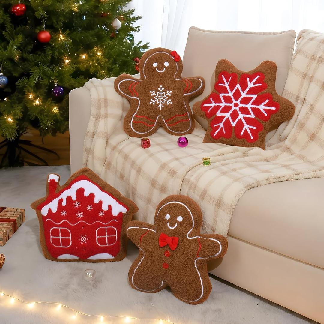 4 Pcs Christmas Plush Throw Pillow Xmas Gingerbread Man Snowflake Gingerbread House Throw Pillow Cute Christmas Decorations Cushion for Xmas Winter Holiday Party Couch Sofa Bedroom (Red)
