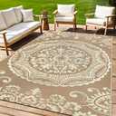 Capslpad 5x8 Outdoor Rug Waterproof Beige Boho Floral Patio Carpet Portable Plastic Straw Rug Foldable Outside Carpet with Carry Bag for RV Backyard Balcony Bench Picnic Porch