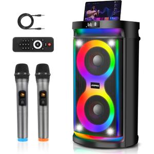 Karaoke Machine for Adults with Dual 6.5-Inch Subwoofers and 2 Wireless Microphones, Portable Bluetooth Karaoke Speaker with Bass/Treble Adjustment, LED Lights, Supports TWS/USB/TF/REC/FM/AUX