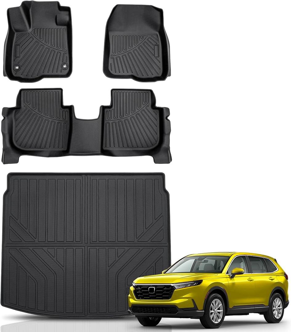 Sunsdrew Floor Mats for 2023-2025 2026 Honda CR-V (Include Hybrid), All Weather Floor Liners & Rear Trunk Mat for CRV Accessories, TPE Rubber, Raised Edge (Trunk Deck in Upper Position)