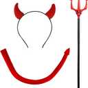 Jmkcoz Halloween Devil Costume Accessories Devil Horn Headband Red Devil Tail Long Devil Pitchfork Demon Dress Up Cosplay