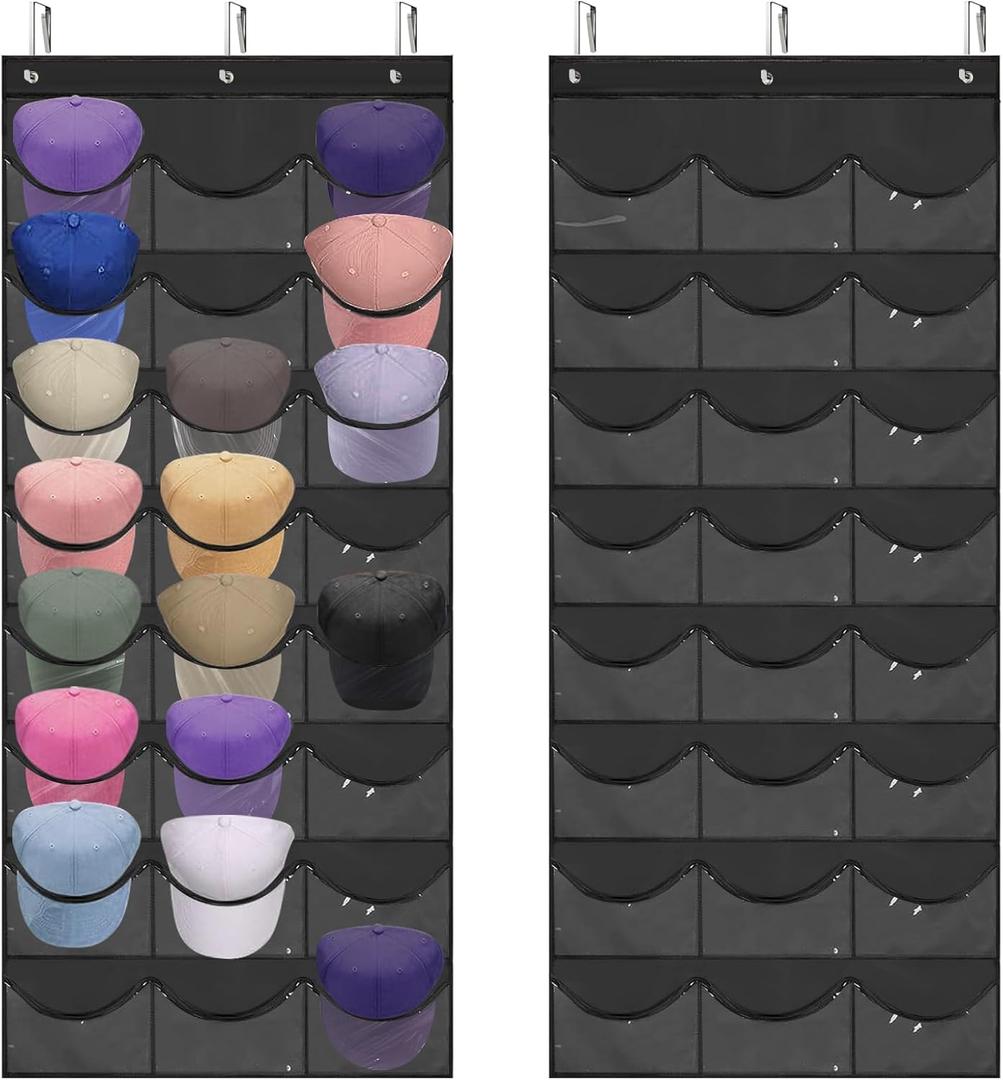 Hat Rack for Baseball Caps, 24 Pocket Over the Door Hat Organizer with 3 Hooks, Hat Holder for Door with Large Clear Pockets, Hat Storage to Protect and Display, Black - 1 Pack