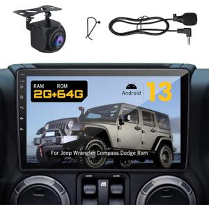 Upgraded 10" Car Radio Stereo for Jeep Wrangler JK 2007-2018 Dodge Ram 1500 2500 3500 Grand Cherokee, CarPlay/Android Auto/Android 13/2G+64G/GPS Navigation/Backup Camera,Built in Cooling Fan