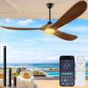 60 inch Outdoor Ceiling Fan with Light-Glass Lamp, 3 blade Wood Propeller Ceiling Fans with Lights and Remote Control for Patios, Exterior Damp Rated High CFM Ceiling Fans Modern Smart APP, Walnut