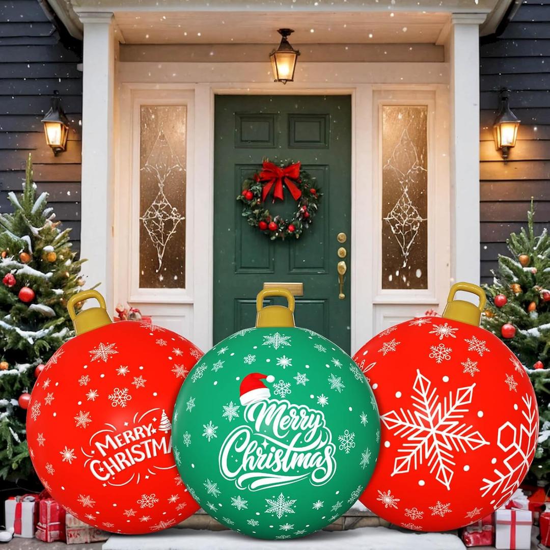 3 Pack Giant Christmas Ornaments, 24 Inch Inflatable Ornaments Balls Outdoor for Christmas Decorations, Giant Outdoor Jingle Bells for Front Door Yard Tree Hanging Decoration