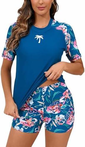 Halcurt Women's Built in Bra Rash Guard UPF 50 Two Piece Swimsuit Shirt and Board Shorts, L
