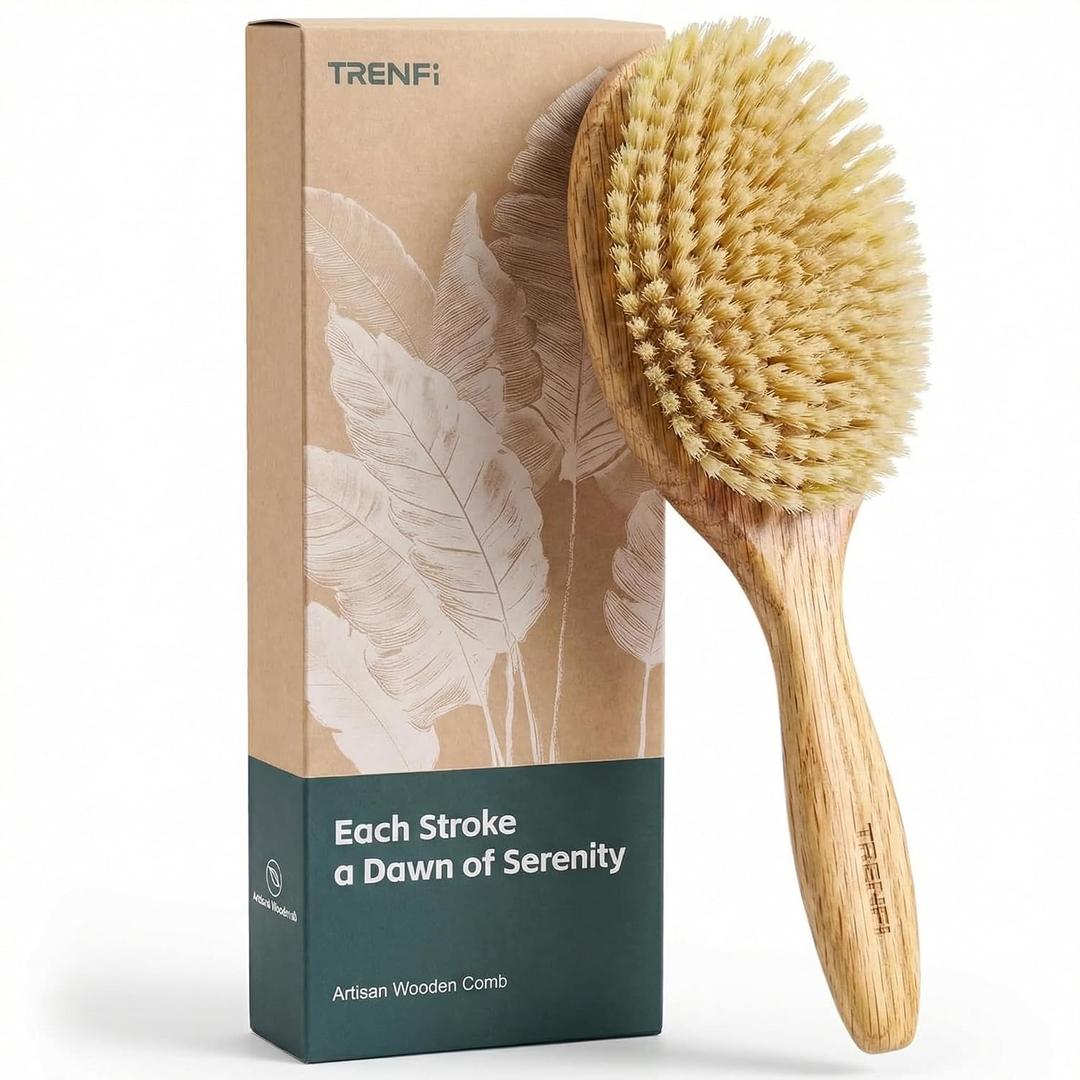 100% Boar Bristle Hair Brush for Fine Thin Hair | First Cut Boar, Solid Red Oak Oval Wooden Brush