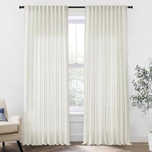 Extra Wide Curtains 70 In Width for 60 & 72 Inch Window,Pleated Back Tab Linen Semi Sheer Full Length Curtains for Living Room Sliding Glass Door 2 Panel Set,72x108,70x108,6FT x 108 Inches Long,Cream (Birch)
