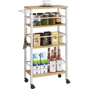 IBUYKE 7.8" Slim Rolling Cart,4 Tier Metal Kitchen Laundry Storage Cart,Industrial Narrow Utility cart,Trolley with Handle and Wooden Tabletop,for Kitchen, Living Room,Bathroom,Natural UTMJ065R