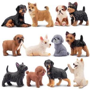 12PCS Dog Figurines, Realistic Plastic Puppy Figurines, Hand Painted Emulational Tiny Dogs Animals Toy, Dog Cake Topper Easter Egg Birthday Gift for Kids and Toddlers
