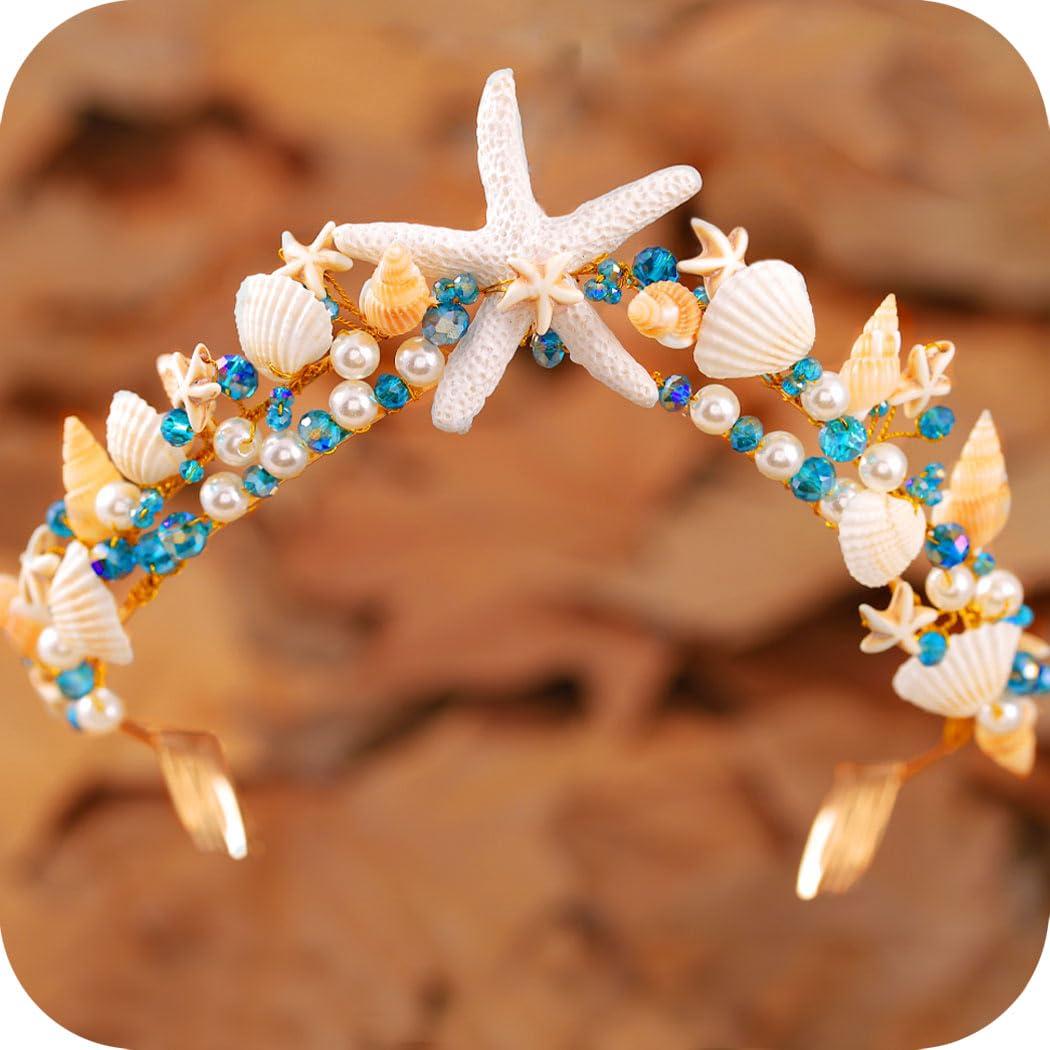 CAKURE Sea Star Crown Headband Boho Starfish Tiaras Beach Wedding Crowns Headpiece Sea Shell Headbands Pearl Beach Wedding Hair Accessories for Women