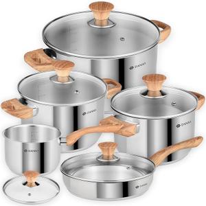 Daniks Oslo 10-Piece Stainless Steel Cookware Set with Glass Lids, Includes Saucepan and Frying Pan with Lid, Tri-Ply Bases for Even Heating, Induction Compatible, Dishwasher Safe, Bakelite Handles