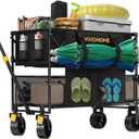 VIVOHOME 400L Large Capacity Double Decker Collapsible Wagon 500lbs Heavy Duty Utility Folding Cart with Big Wheels 53" Extended for Camping, Sports (Black)