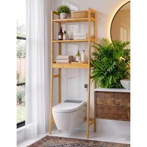 BAMBANG Over-the-Toilet Storage Shelf, 3-Tier Freestanding Bathroom Shelves with Adjustable Shelf Height and 3 Hooks, Space-Saving Organizer Rack Above Toilet, Bamboo Natural
