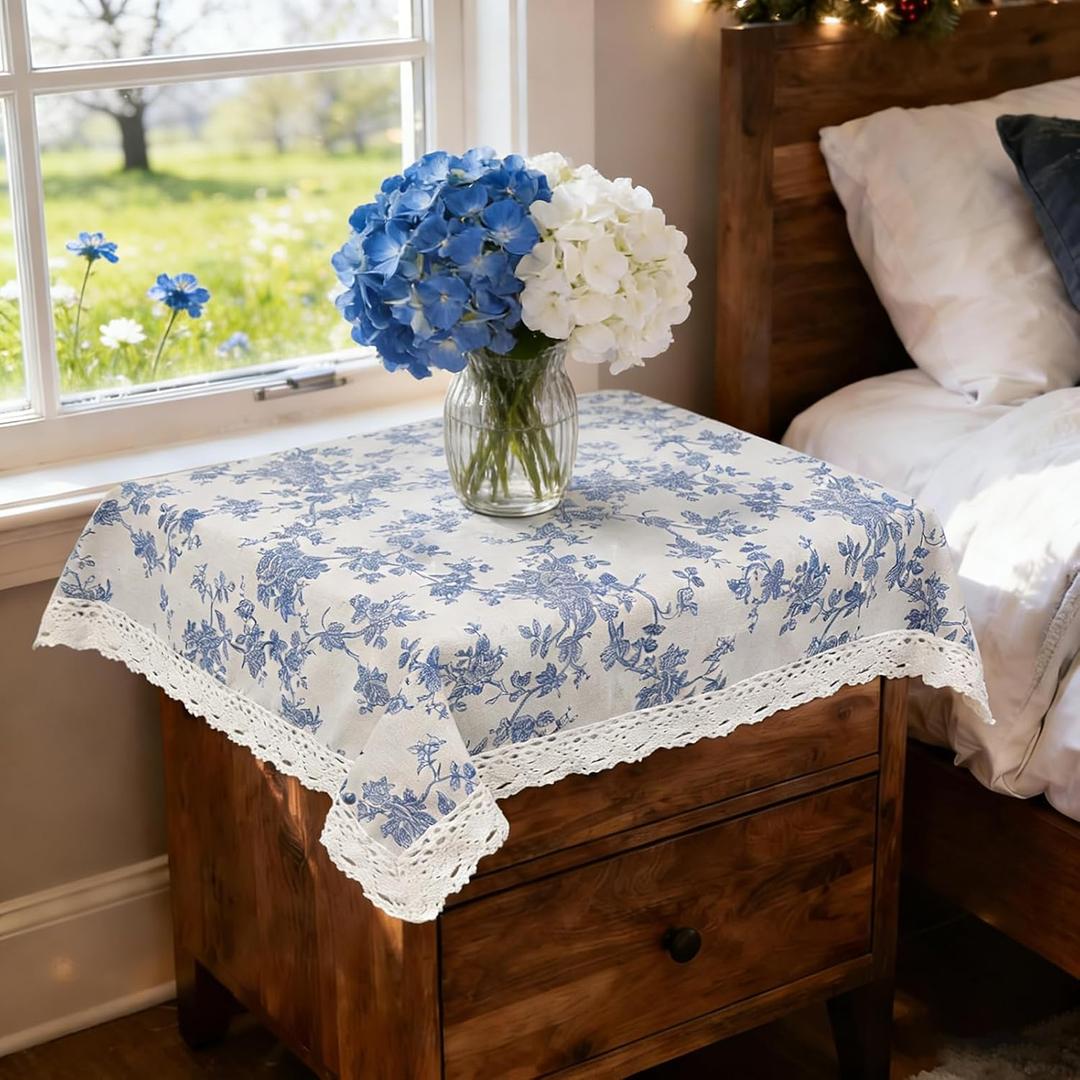 Small Blue Floral Tablecloth Square 24 x 24 inch, Spring Burlap Linen Nightstand Cover, French Vintage Table Cover, End Bedside Chinoiserie Flower Table Cloth, Washable Farmhouse Blue Home Decor