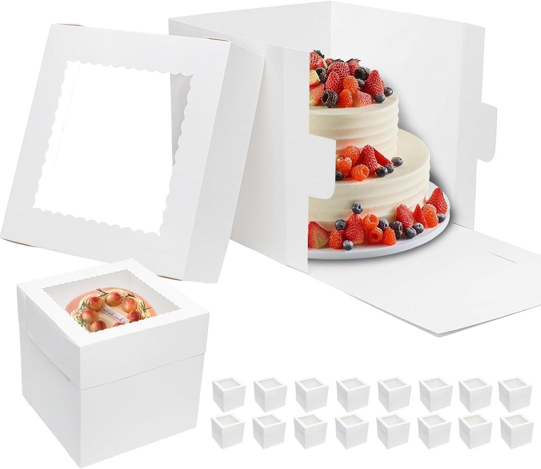 Mcfleet 16pcs Tall Cake Boxes 10x10x10 Bakery Boxes for Tier Cakes with Window 10 Inch White Large Cardboard Bakery Take Out Carrier Containers with Lids for Wedding, Birthday, Party