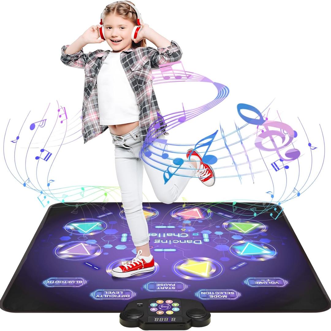Dance Mat Toys for Kids: LED Light-Up 8-Button Dance Pad with Adjustable Volume, Rechargeable, Bluetooth Function, Built-in Music, 8 Modes & 3 Difficulty Levels, Xmas Gifts for Kids Ages 3-12