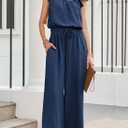 Dokotoo Jumpsuits for Women 2026 Summer Ruffle Sleeves Square Neck Rompers Drawstring Overalls with Pockets (Blue, L)