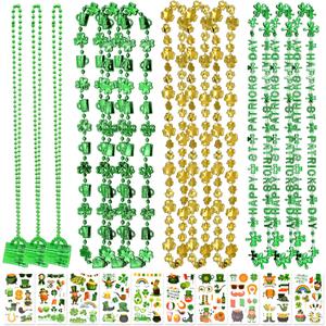 12 Pcs St. Patrick's Day Party Favors Set, Green Beads Necklaces with Shamrock and Beer Mug Designs for Kids and Adults, Plus 10 Sheets Irish Leprechaun Clover Tattoo Stickers for Festive Celebrations