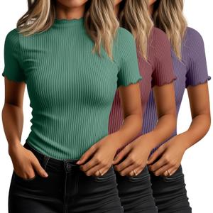 Huukeay 3 Pack Women's Mock Turtleneck Tops Short Sleeve Cotton Lettuce Trim Ribbed Shirts Slim Work Business Casual Outfits, Medium
