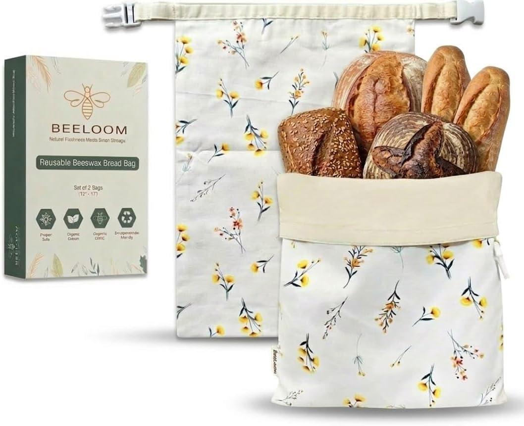 Bread Bags XL (Set of 2)  Reusable Beeswax Bread Bag for Homemade & Sourdough Bread  100% Cotton with Beeswax Lining  Eco-Friendly Bread Storage Bag  Keeps Bread Fresh Longer