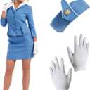 fun shack Flight Attendant Costume Women Blue, Retro Airline Stewardess Outfit with Hat & Gloves (Large)