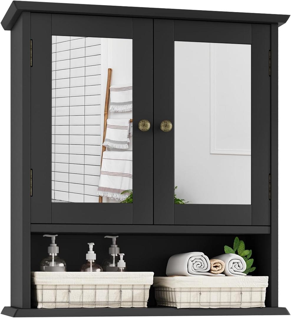 Bathroom Wall Cabinet, Black Bathroom Cabinet with 2 Mirror Doors and Adjustable Shelf, Wall-Mounted, Medicine Cabinet, 21.5" W x 7.8" D x 23.6" H