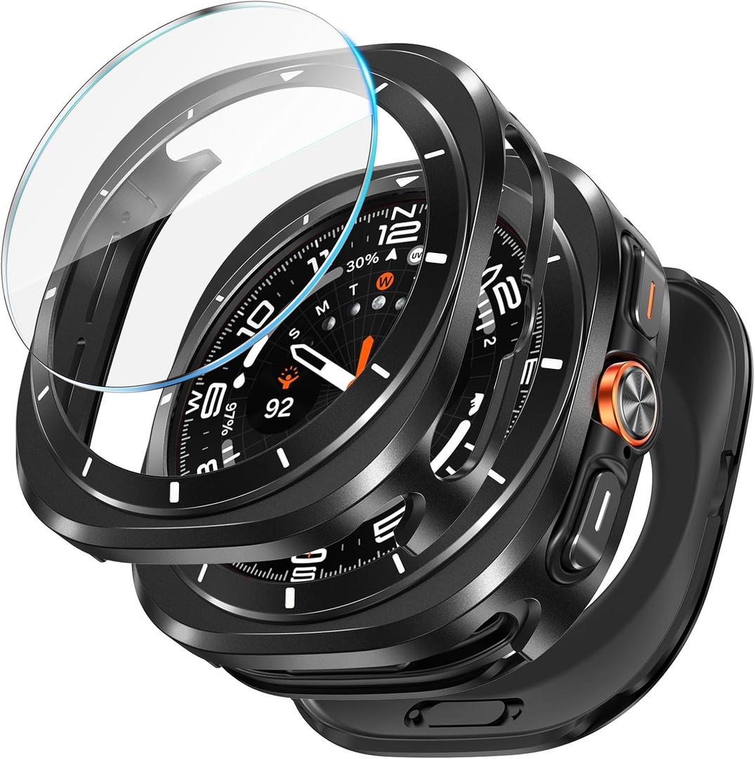 LETOID 3 in 1 Metal Case for Samsung Galaxy Watch Ultra/Ultra 2 Screen Protector 47mm, Stainless Steel Protective Bumper Face, Hard PC Back Cover and 9H Tempered Glass Film for 7 Ultra & 8 Ultra (Black/White)