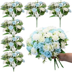 Rose Artificial Flowers Bouquet, 6 Packs Small Roses Flower, 10 Silk Rose Flowers Per Pack, Mini Fake Rose Flower Bunches, Miniature Roses for Decoration Home Wedding Table Centerpieces Decor, Blue (Spring Collection in Blue)