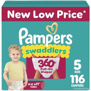 Pampers Diapers - Swaddlers 360 - Size 5, 116 Count, up to 100% Leakproof Comfy Dry Fit, Designed for Easy Changes, Pull On Baby Diaper (Packaging May Vary)