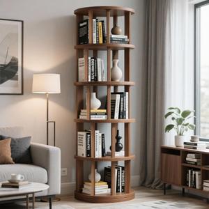 Rotating Bookshelf Tower, Wooden, 5 Tier Vertical Rotate Turning Spiral Corner Organizer, 360 Rotating Book Tower, Ideal for Small Spaces, Living Rooms, Bedrooms (Rural, 5 Tier) (Rustic)