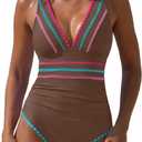 popvil One Piece Swimsuits for Women 2026 Tummy Control Neon Bathing Suit with Adjustable Strap (Small, Brown)