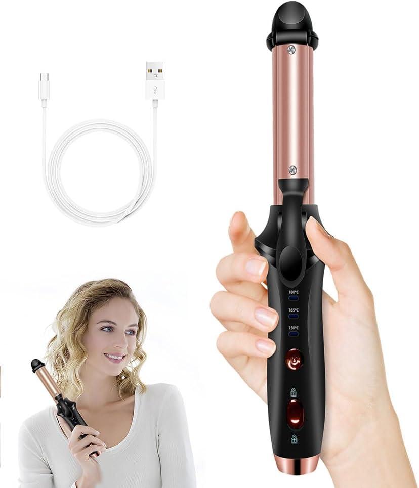 Cordless Curling Iron Rechargeable, Portable Travel Curling Iron, Ceramic Flat Iron with 3 Temp Setting, Straightener and Curler 2 in 1, USB Small Hair Curlers for Short Hair