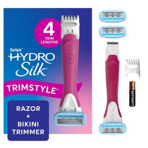 Schick Hydro Silk TrimStyle Razor with Bikini Trimmer for Women | 2-in-1 Bikini Razor for Women and Womens Trimmer for Pubic Hair, Includes 1 Waterproof Handle, 3 Refills & 1 AAA Battery