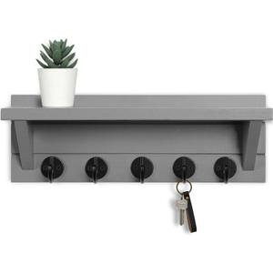 Lwenki Wall Key Holder with Shelf, Rustic Shelf with Hooks Made of Paulownia Wood Holds Keys, Dog Leash, Bags and More - 13.7" W x 4.7" H x 3.5" D Decorative Key Hanger and Entryway Shelf (Gray)