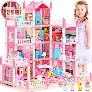 3-Story Dream Doll House with 11 Rooms and Accessories, LED Light, Dolls, Playground, Pets Playhouse Toy Gift for Girls Aged 3-13