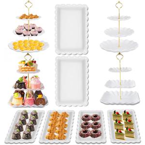 Wgbon 10 Pack Dessert Table Display Set, 4 Sets 3 Tier Cupcake Stand, 6 Pcs Food Serving Trays, Tiered White Plastic Cup Cake Tower for Birthday Baby Shower Wedding and Tea Party Supplies (10, Large)