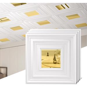 12 Pack PVC Ceiling Tiles 19.7"x19.7" – Silver Mirror & Wood Grain 3D Wall Panels for Wall and Ceiling Decoration,Cover 32.3 Sq.Ft – Waterproof,Lightweigh(White and gold mirror)