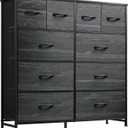 WLIVE 10 Drawer Fabric Dresser Bedroom Tall Storage Tower, Charcoal Black Wood Grain Print